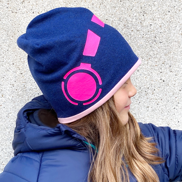 Merino Mütze mit Neon-Kopfhörer blau-pink